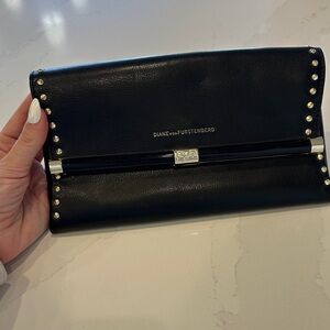 Diane Von Furstenberg Black Leather Clutch with Silver Studs